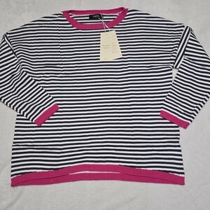 Striped Navy and White Sweater with Pink Accents